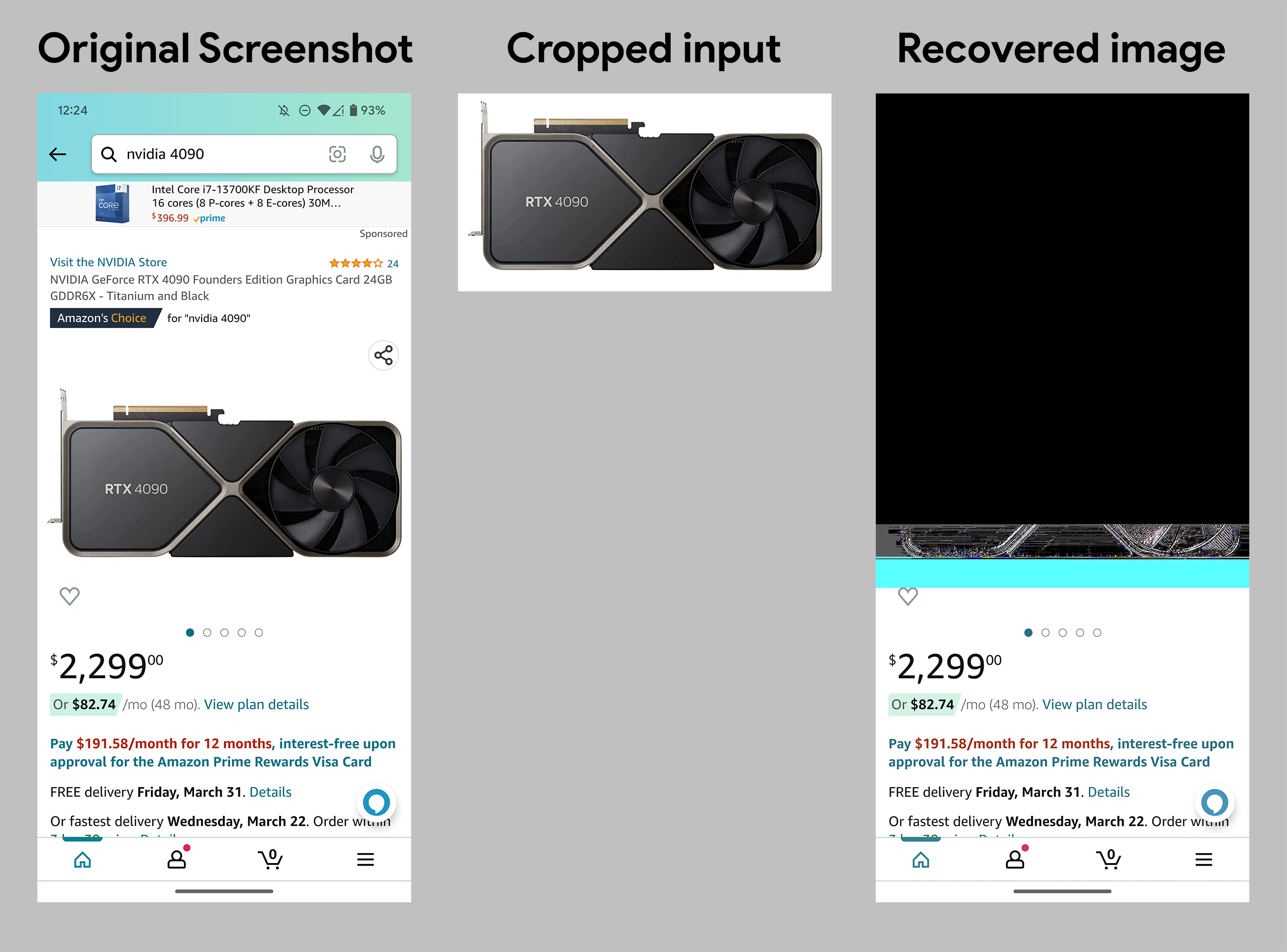 Uma sequência de três capturas de tela da mesma página da Amazon com uma placa de vídeo RTX 4090. A primeira é a imagem original, a segunda a imagem cortada para mostrar apenas a foto da placa de vídeo e a terceira é a imagem recuperada utilizando o bug. A terceira imagem exibe as informações da parte de baixo, que foram cortadas na imagem editada, perfeitamente, mas tem um quadrado preto ocupando toda a parte de cima, mostrando que a recuperação não é perfeita.
