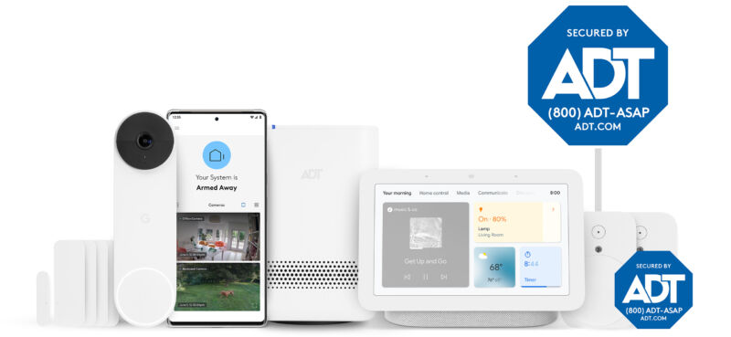Google and ADT's security package: Google screens and cameras and ADT's software, sensors, and hub.