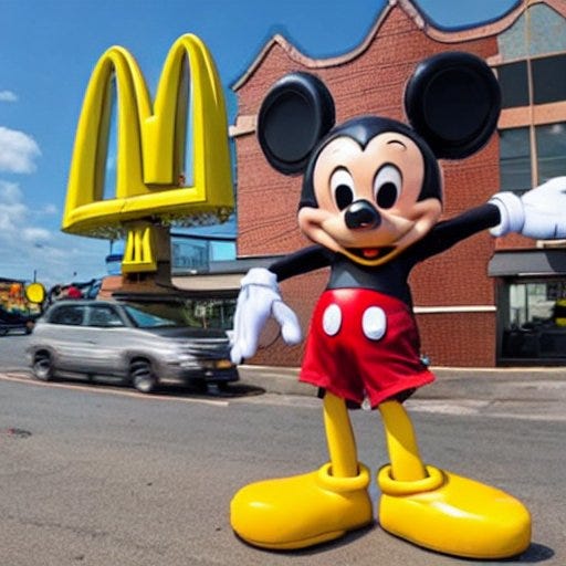 Image generated by Stable Diffusion with the prompt “Mickey Mouse in front of a McDonalds sign.”