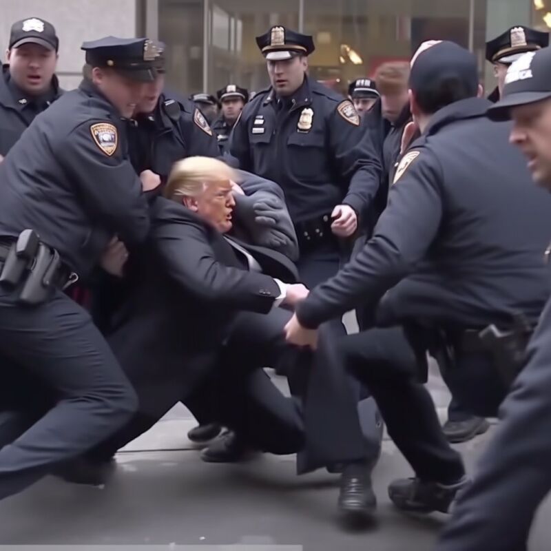 AI-generated photo faking Donald Trump's possible arrest, created by Eliot Higgins using Midjourney v5.