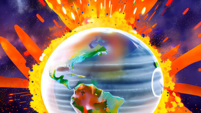 Gambar hiperbolik Bumi yang dihasilkan oleh AI yang dramatis dikelilingi oleh ledakan.