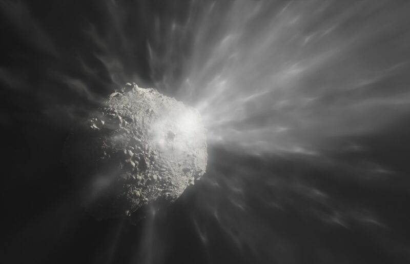 Artist’s illustration shows the ejection of a cloud of debris after NASA’s DART spacecraft collided with the asteroid Dimorphos.