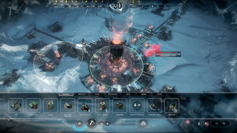 <em>Frostpunk</em>, an alternate history survival city building simulation game.