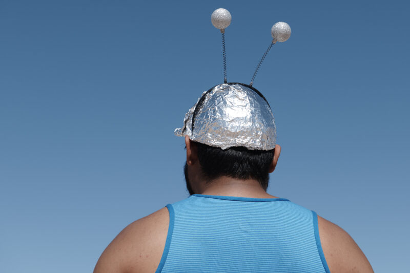 A person wearing a tinfoil hat on September 20, 2019.