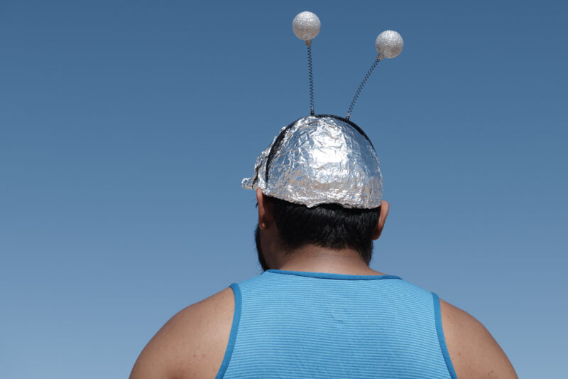 A person wearing a tinfoil hat on September 20, 2019. 