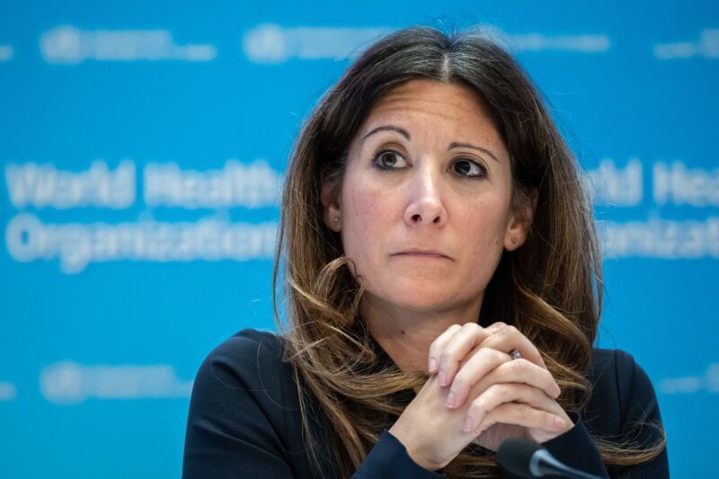 WHO's COVID-19 technical lead, Maria Van Kerkhove, looks on during a press conference at the World Health Organization's headquarters in Geneva, on December 14, 2022.