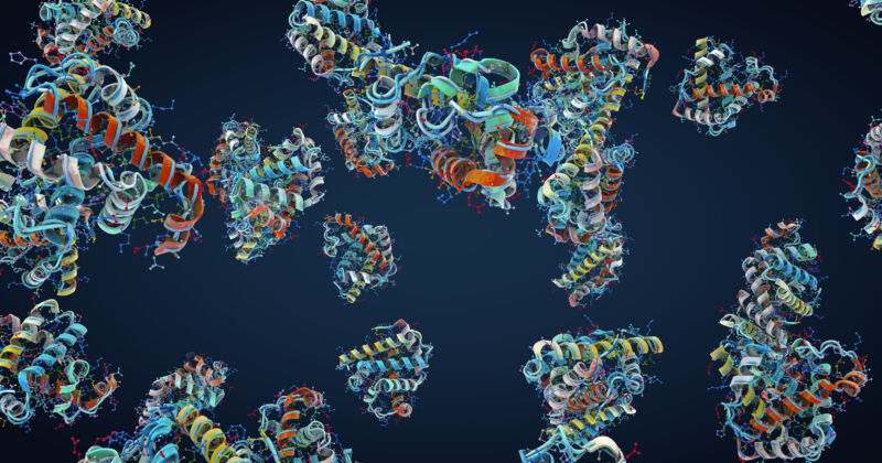 Artist's rendering of a collection of protein structures floating in space