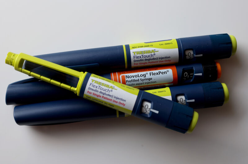 In this photo illustration, insulin pens manufactured by Novo Nordisk are displayed on March 14, 2023, in Miami, Florida.