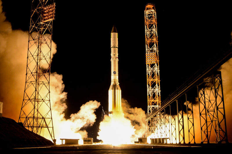 A Russian Proton-M rocket carrying Spain's satellite Amazonas-5 blasts off from the launch pad at the Russian-leased Baikonur cosmodrome in Kazakhstan in 2017.