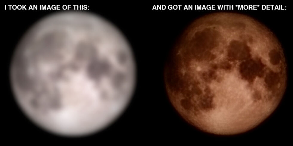 On the left, Redditor ibreakphotos takes a photo of a computer screen with a blurry, cropped, compressed photo of the moon, and on the right, Samsung creates a whole bunch of detail.