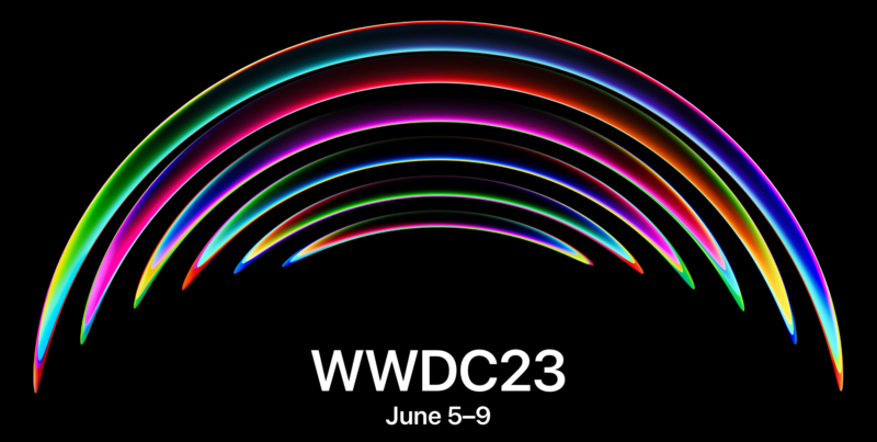 A rainbow of color bands above a WWDC logo