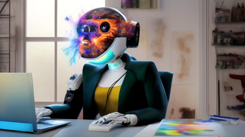 An AI-generated image of an alien robot worker.