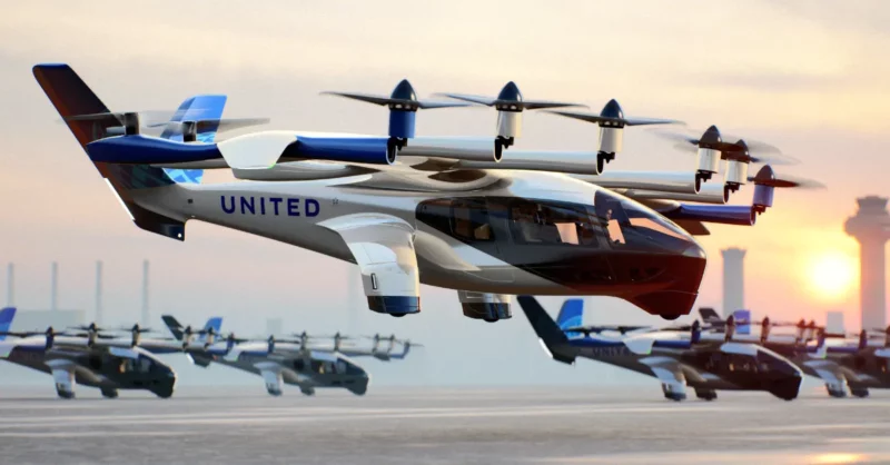 An Archer eVTOL aircraft wearing the United livery takes off, with more eVTOL craft in the background