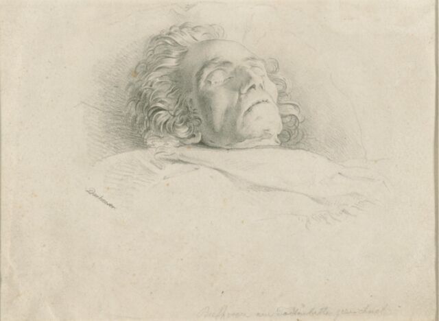 Beethoven on his deathbed: lithograph by Josef Danhauser after his own drawing.