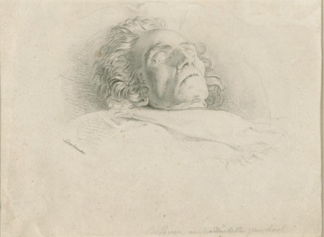 Beethoven on his deathbed: lithograph by Joseph Dannhauser based on his own painting.