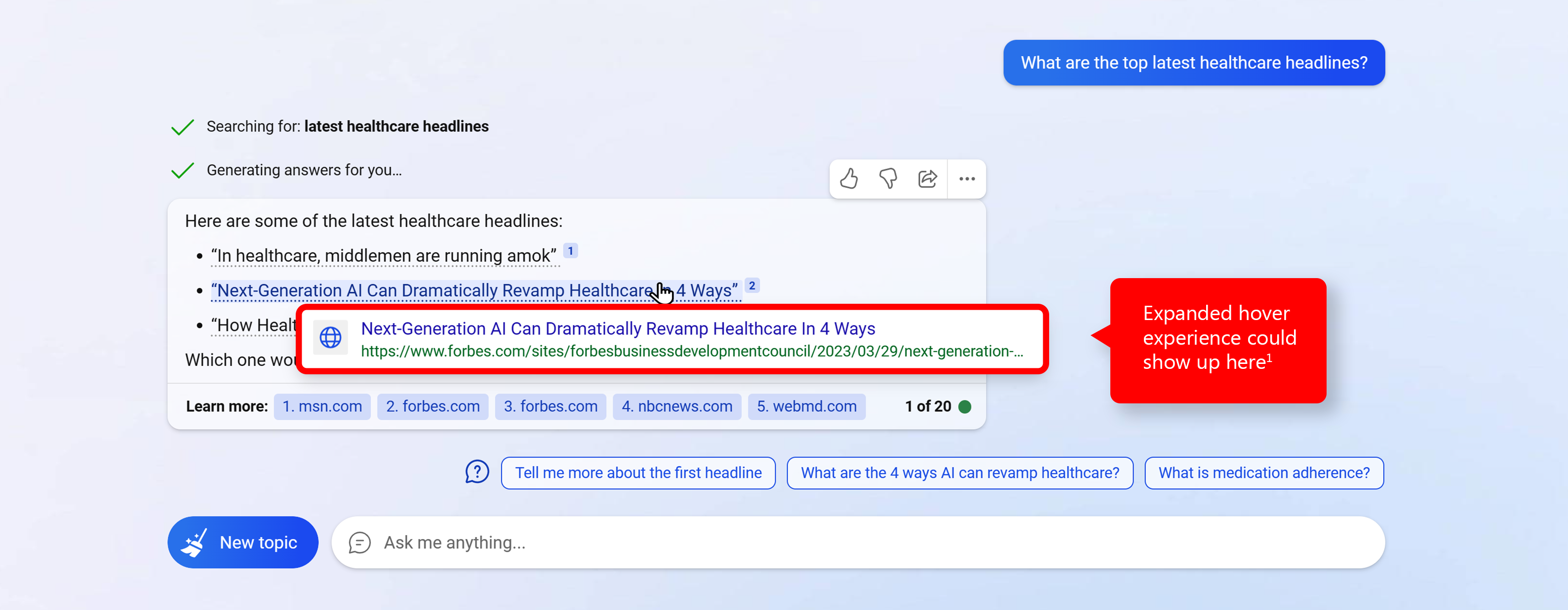 One of Microsoft's experimental formats for highlighting information sources in Bing Chat.