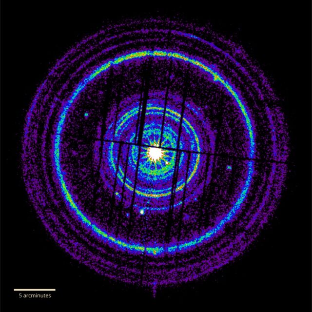 The XMM-Newton images captured 20 dust rings, 19 of which are shown here in arbitrary colors.