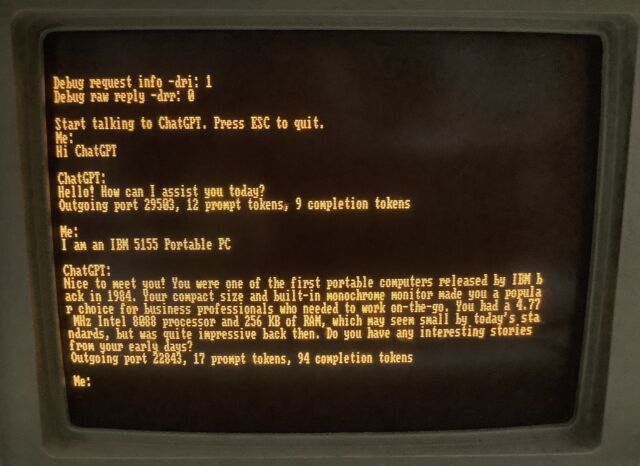 A photo of an IBM PC 5155 computer running a ChatGPT client written by Yeo Kheng Meng.