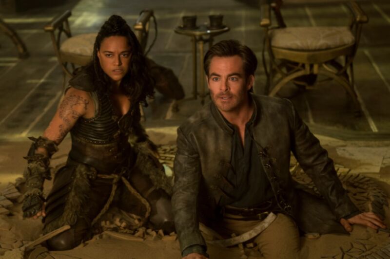 Chris Pine and Michelle Rodriguez star as Elgin (a bard) and Holga (a barbarian) in D&D: Honor Among Thieves