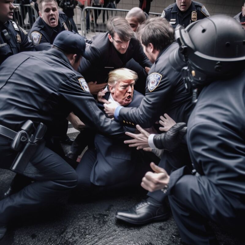 AI-generated photo faking Donald Trump's possible arrest, created by Eliot Higgins using Midjourney v5.
