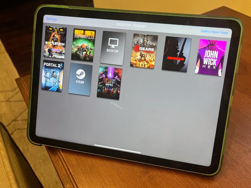 ipad displaying a number of games available for streaming via Moonlight