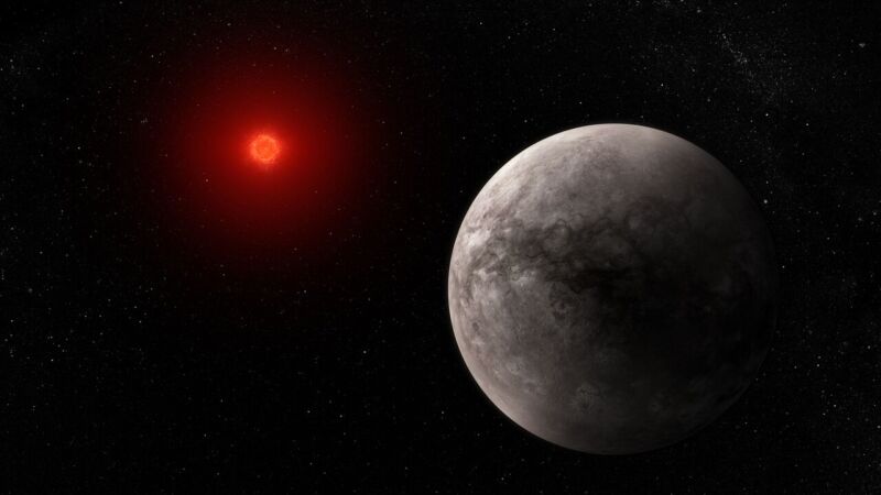Image of a grey planet orbiting a dim red star.