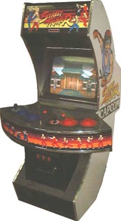 A blurry picture of the SF1 Deluxe Arcade Cabinet. This is the stock photo from KLOV/VAPS and was one of the few images of the pneumatic machine available during my initial research.