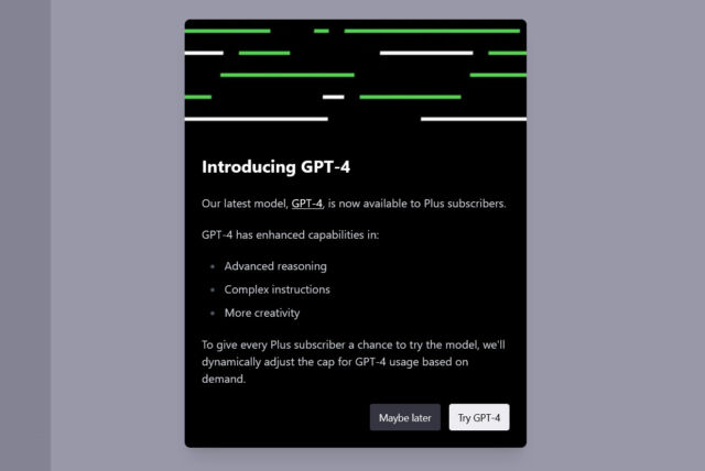 Una captura de pantalla de la introducción de GPT-4 a los clientes de ChatGPT Plus del 14 de marzo de 2023.