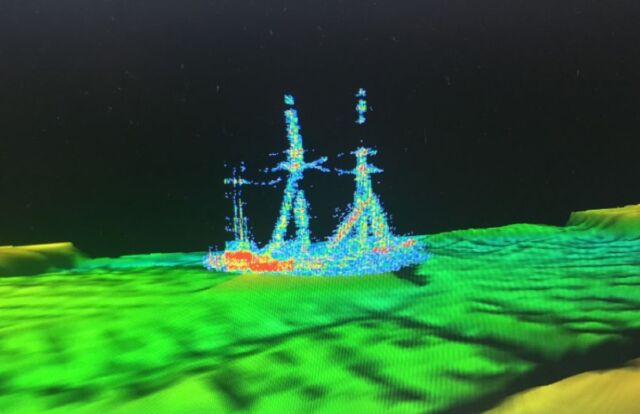 Multibeam sonar image of the schooner-barge <em>Ironton</em> as it sits on the lake floor today. 