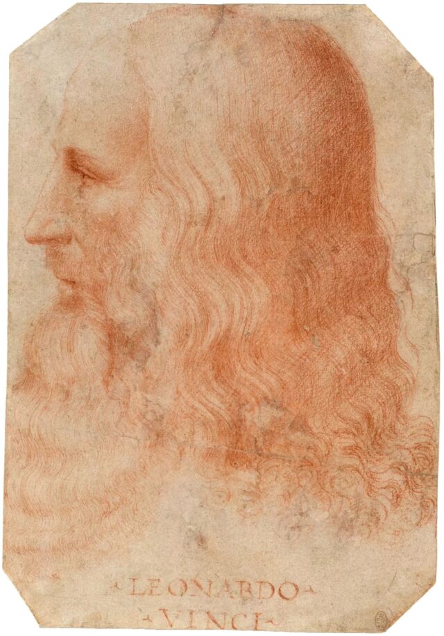 The only contemporary portrait of Leonardo attributed to Francesco Melzi.  1515–1518