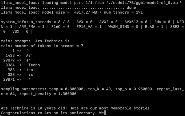 Une capture d'écran de LLaMA 7B en action sur un MacBook Air exécutant llama.cpp.