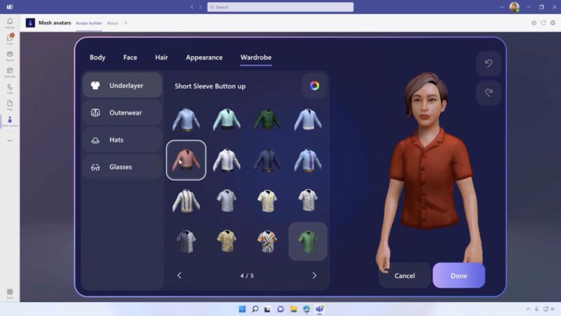 Personalización de un avatar de Mesh for Teams.  Al igual que muchas personas en videollamadas de la vida real, los avatares solo presentan atuendos de negocios de la cintura para arriba.