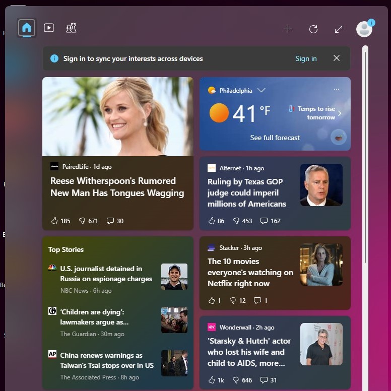 Pantalla de widgets en Windows 11. Aquí hay mucha información de baja calidad, especialmente si la está viendo sin iniciar sesión en una cuenta de Microsoft y personalizar su fuente. 