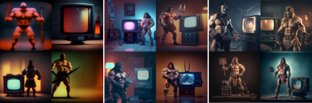 A comparison between output from Midjourney v3 (left), v4 (center), and v5 (right) with the prompt "a muscular barbarian with weapons beside a CRT television set, cinematic, 8K, studio lighting." (To use v5, put "--v 5" at the end of the prompt.)