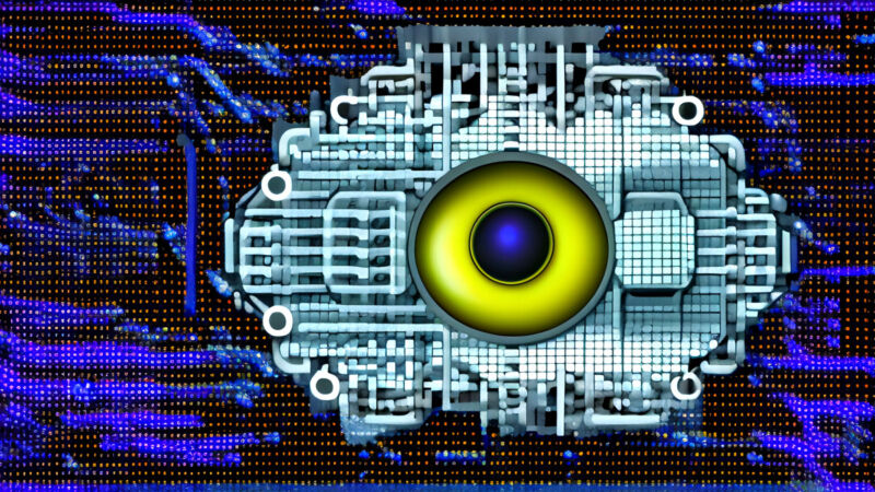 An AI-generated image of an electronic brain with an eyeball.