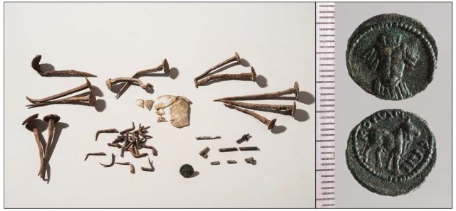 Items Recovered From The Site Included Not Just Bent Nails, But Also Shards Of A Small Glass Flask And A 2Nd Century Ce Coin.