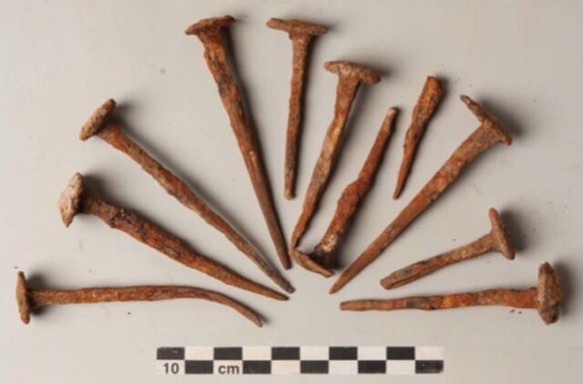 Examples of coffin nails from two separate burials at the same site for comparison.