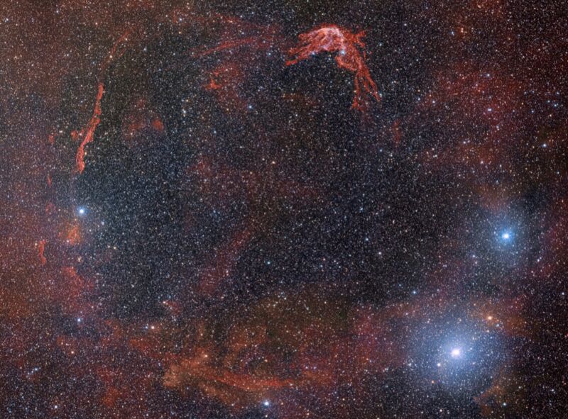 The tattered shell of the first recorded supernova (Sn185) was captured by the Dark Energy Camera. This image covers an impressive 45 arcminutes in the sky—a rare view of the entirety of this supernova remnant.