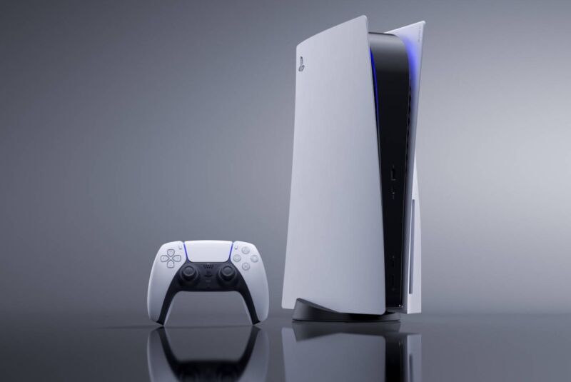 Promotional image of a PlayStation 5 game console and controller.