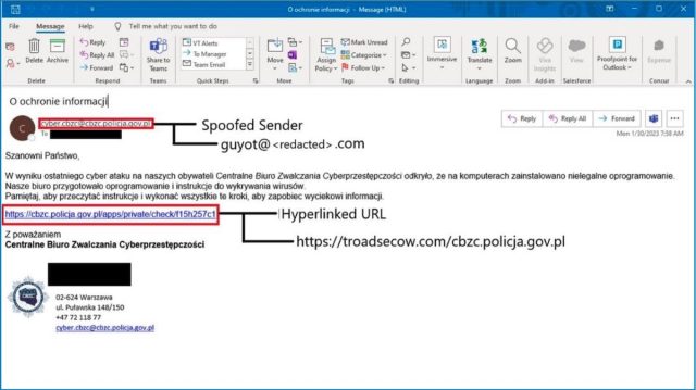 Un e-mail de phishing TA473 partiellement expurgé envoyé à une cible.