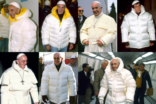 Our experiments with "Pope Francis in a 1990s white puffer jacket," created using Midjourney v5.