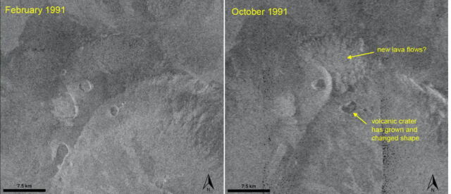 Close-ups of the active volcanic vent north of the summit of Maat Mons in February and October 1991. Between those dates the vent enlarged and changed shape, and new lava flows seem to have emerged.