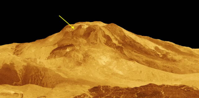 Maat Mons. The arrow points to the location of the volcanic vent that erupted in 1991, which is too small to show up at this scale.