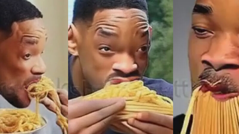 Fotogramas de un video generado por IA de Will Smith comiendo espagueti.