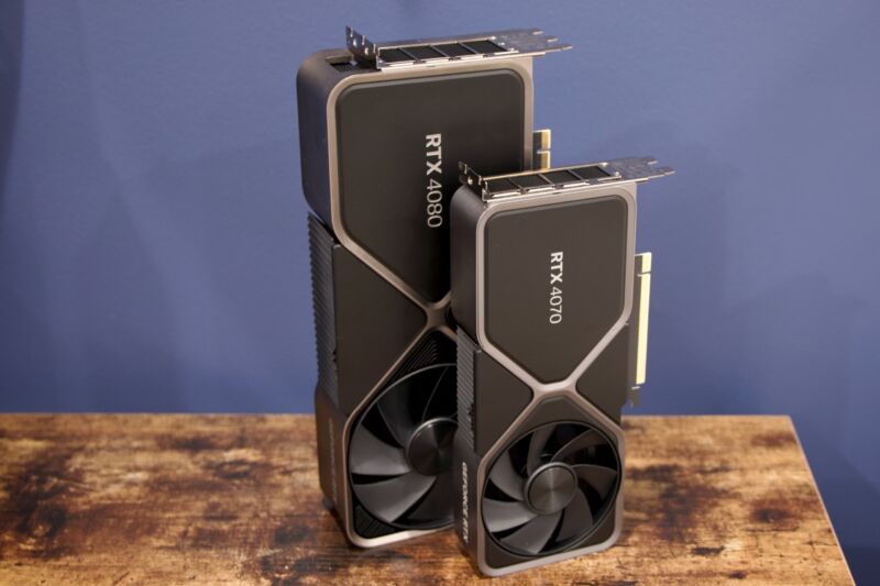 The RTX 4070 and 4080 cards, stacked next to each other