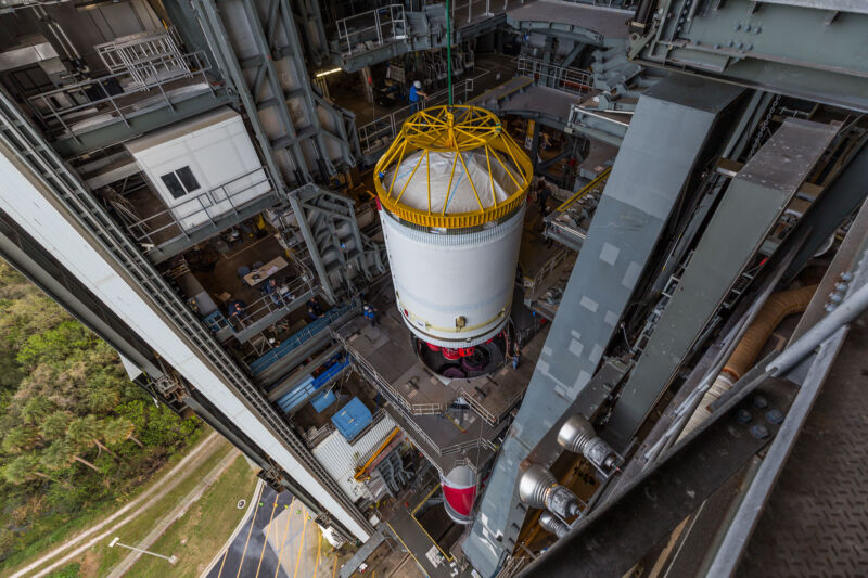 ULA stacks its Centaur V upper stage onto the first flight version of the Vulcan rocket at Cape Canaveral Space Force Station.