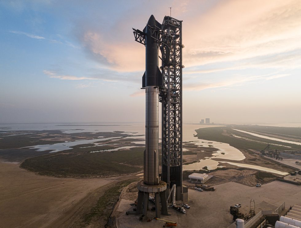 Starship and Super Heavy are seen stacked on Sunday in South Texas.