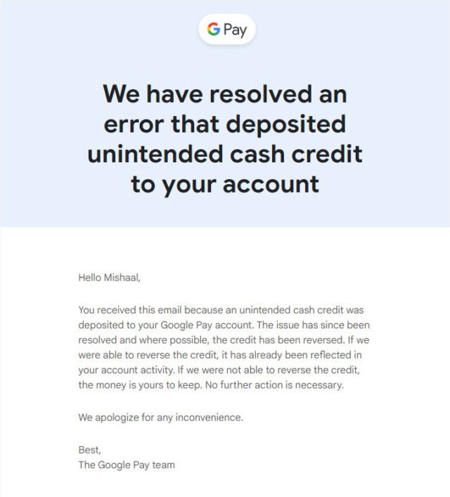 Google's message to users that recieved surprise deposits.