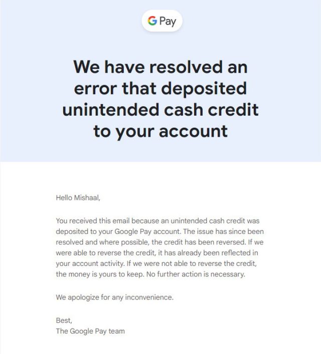 Il messaggio di Google agli utenti che hanno ricevuto depositi a sorpresa.