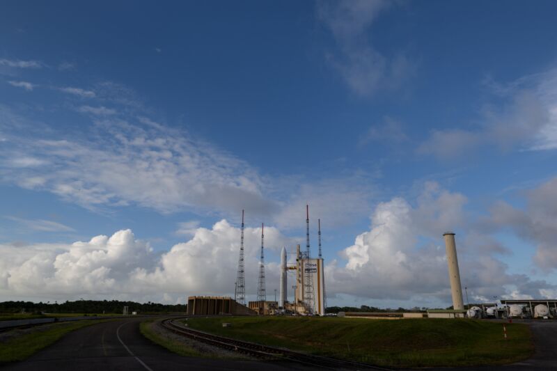 An Ariane 5 rocket is seen on the launch pad with the JUICE spacecraft on Wednesday, April 12. 